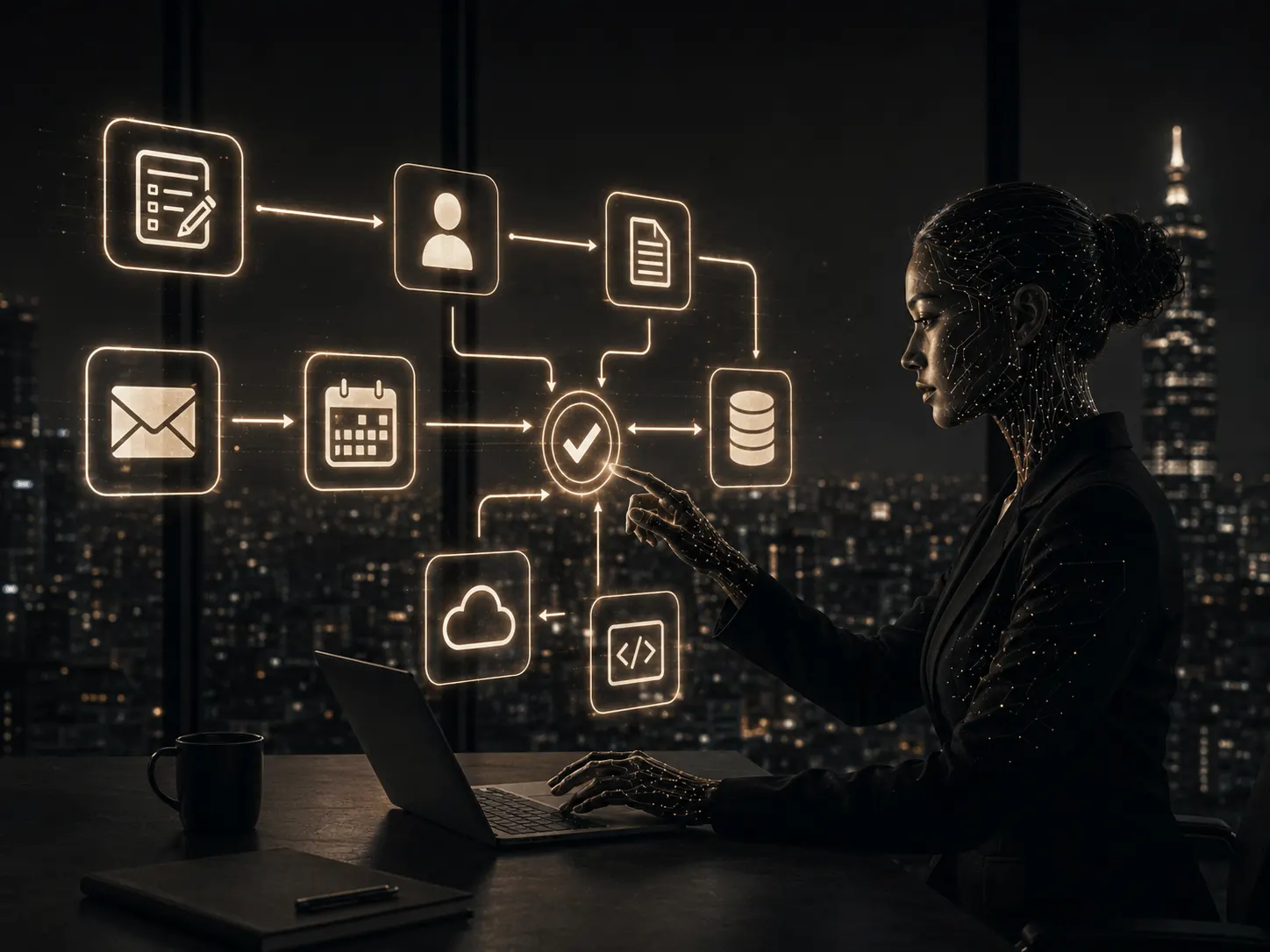 AI workflow automation visual showing an AI operator helping with business tasks, forms, messages, and operational dashboards.