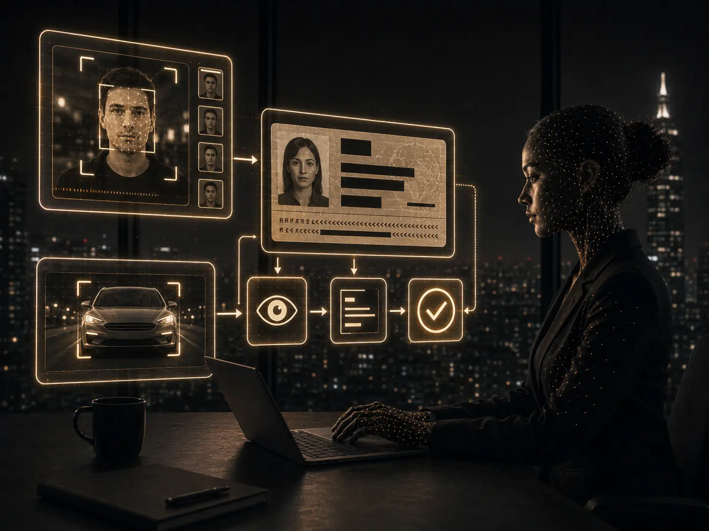 Computer vision automation visual with detection panels, redaction markers, and recognition interfaces.