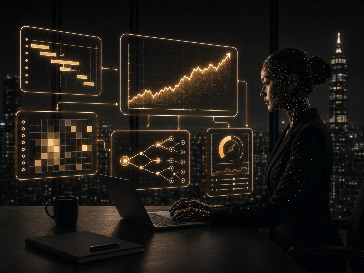 Optimization visual with schedules, charts, resource planning, and decision graphs.