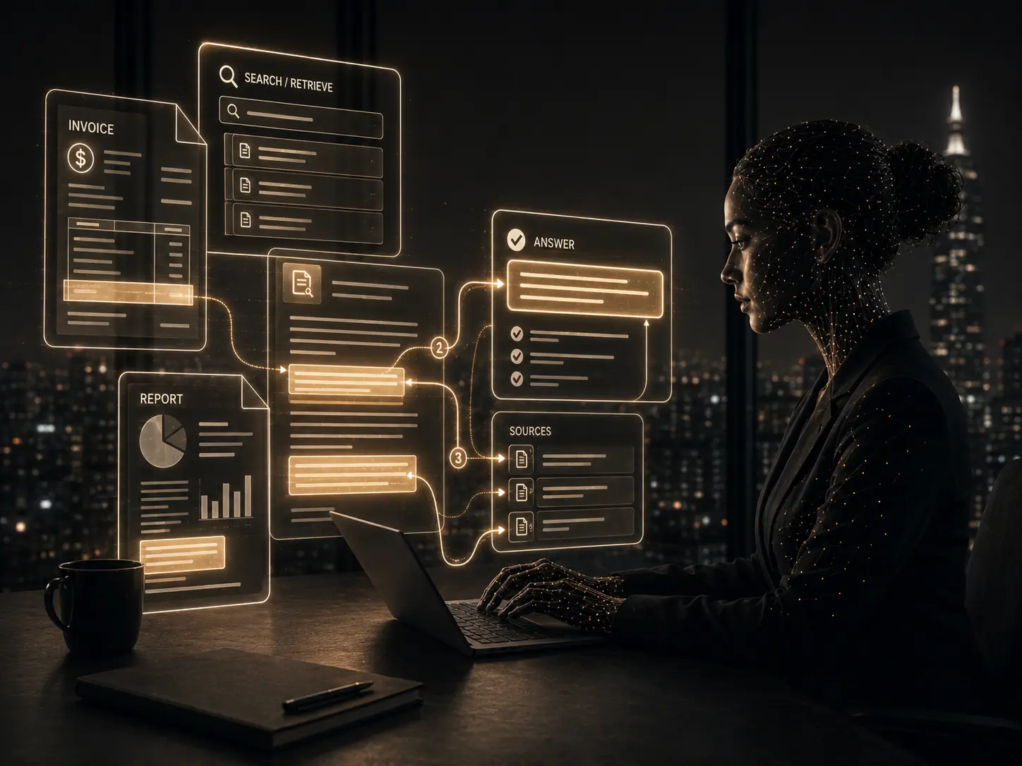 Document intelligence visual with floating documents, dashboards, and AI search overlays.