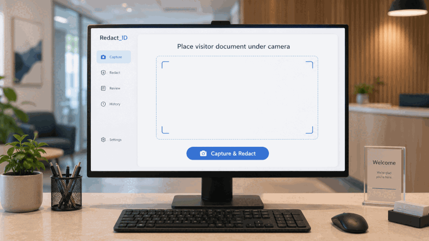 Animated Redact ID demo showing document capture and automatic redaction.