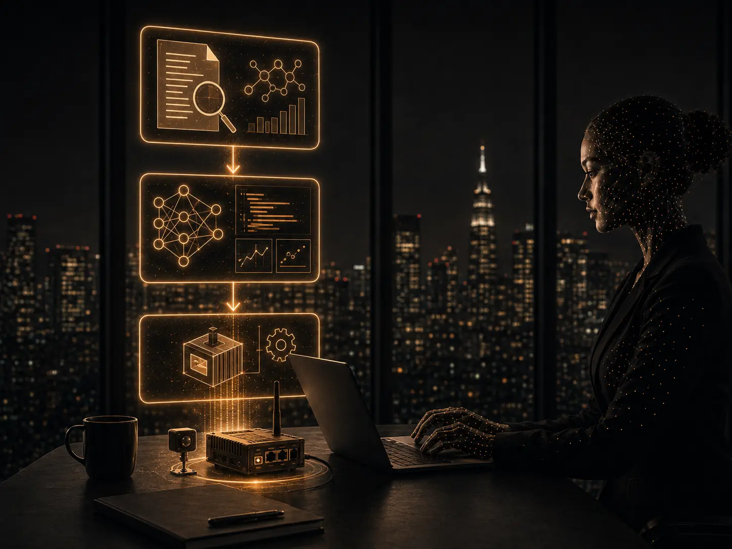 AI prototype visual showing discovery, modeling, experiments, and product integration.
