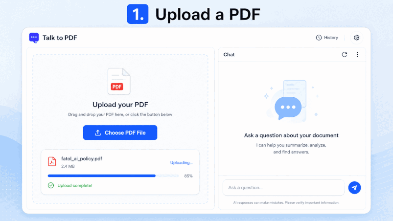 Animated Talk to PDF demo showing PDF upload, document question answering, citations, and answer details.