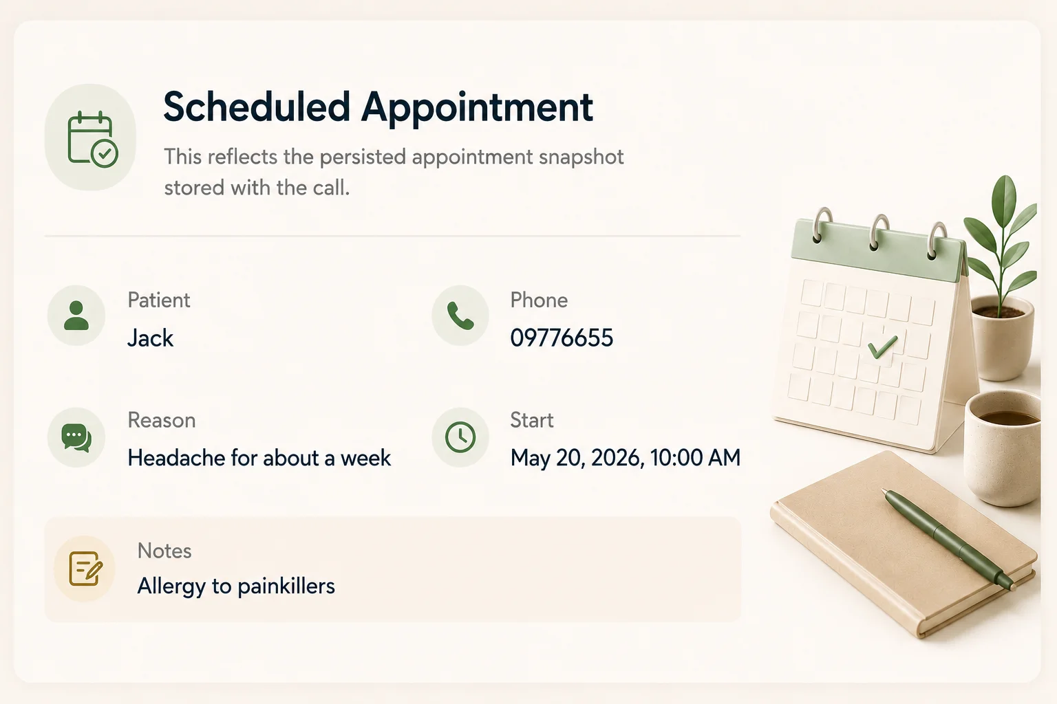 Voice Agent appointment details screen showing caller name, phone number, reason, notes, and appointment time.