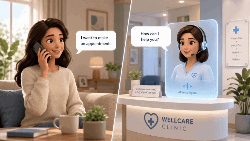 Animated Voice Agent demo showing an AI phone assistant handling an appointment booking call.